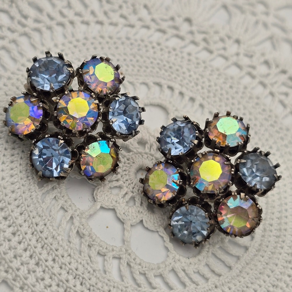 Vintage Aurora Borealis Blue Rhinestone Earrings AB Floral Cluster Clip On